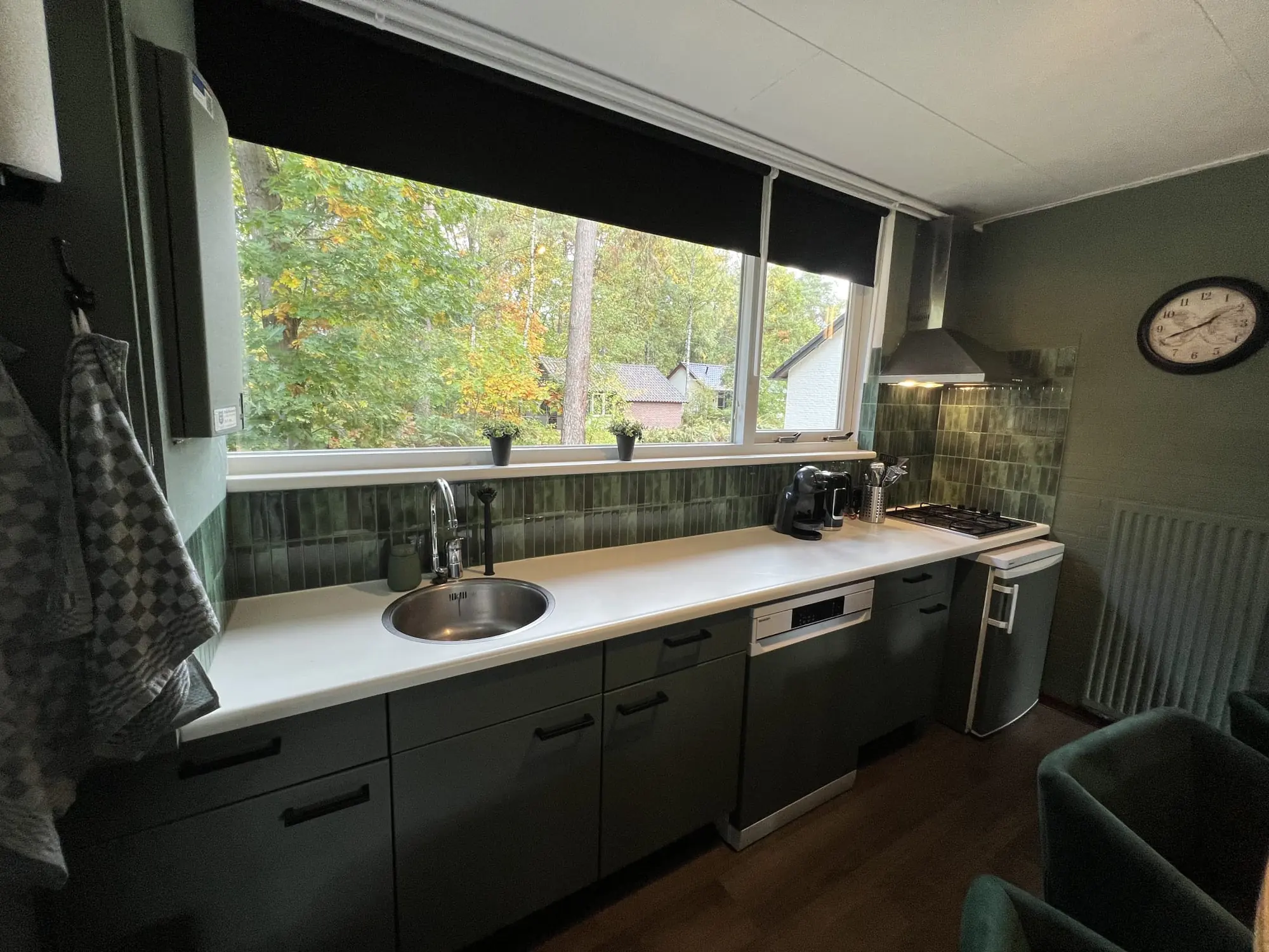 Green kitchen with dishwasher, gas hob and a window onto the woods