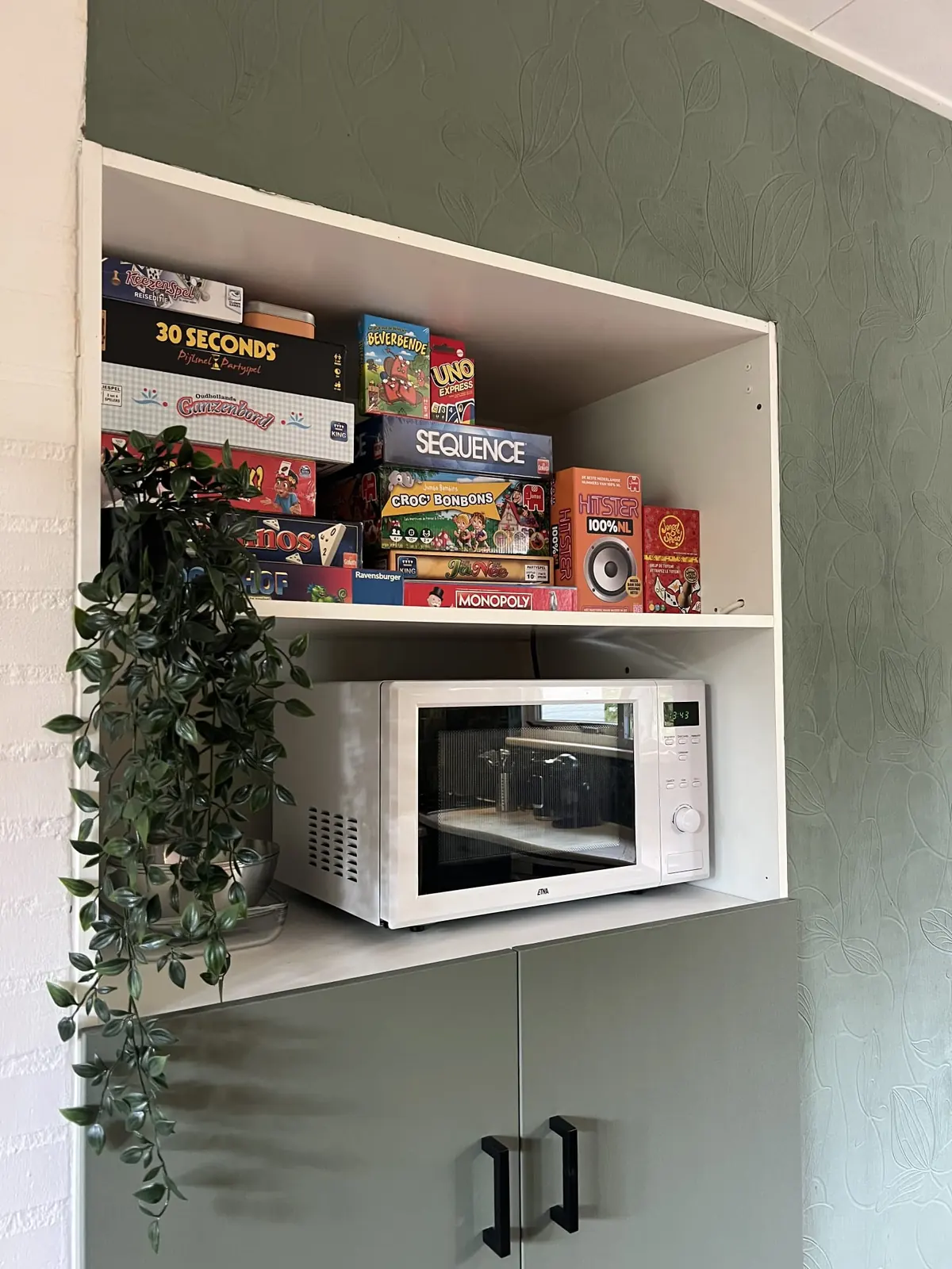 Games shelf and microwave