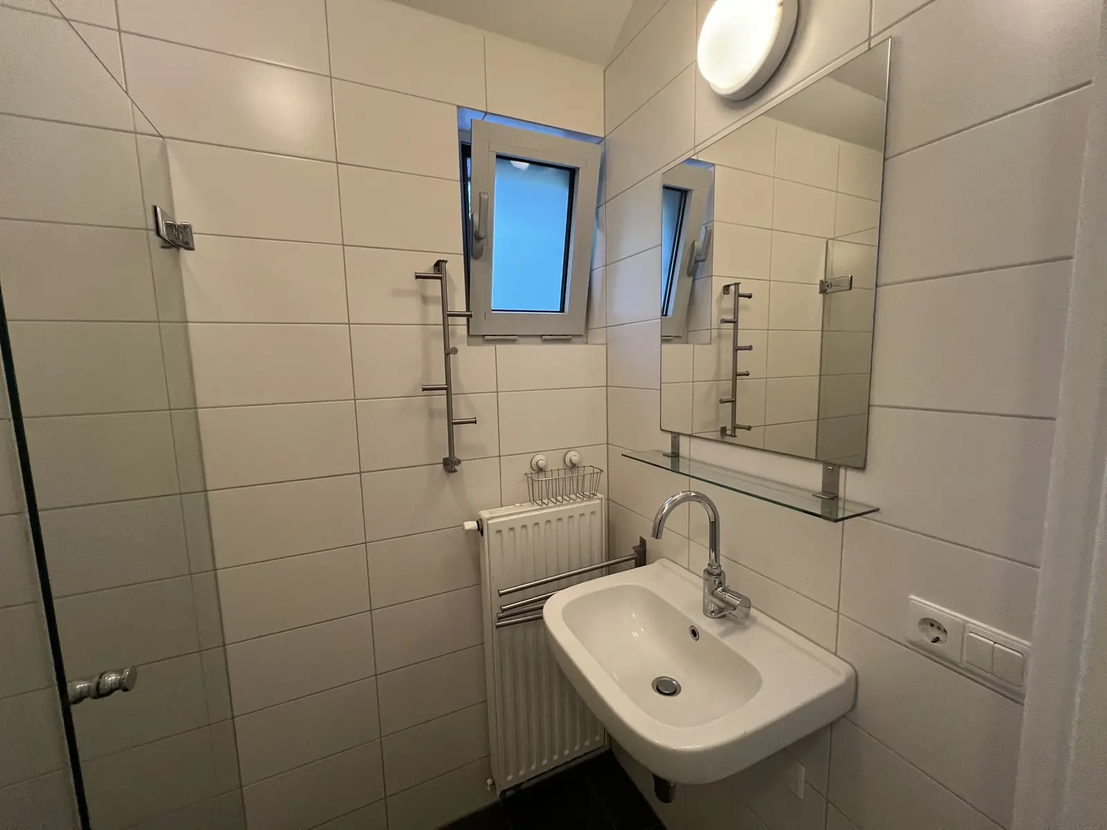 Bathroom: washbasin and mirror, the shower behind the glass door