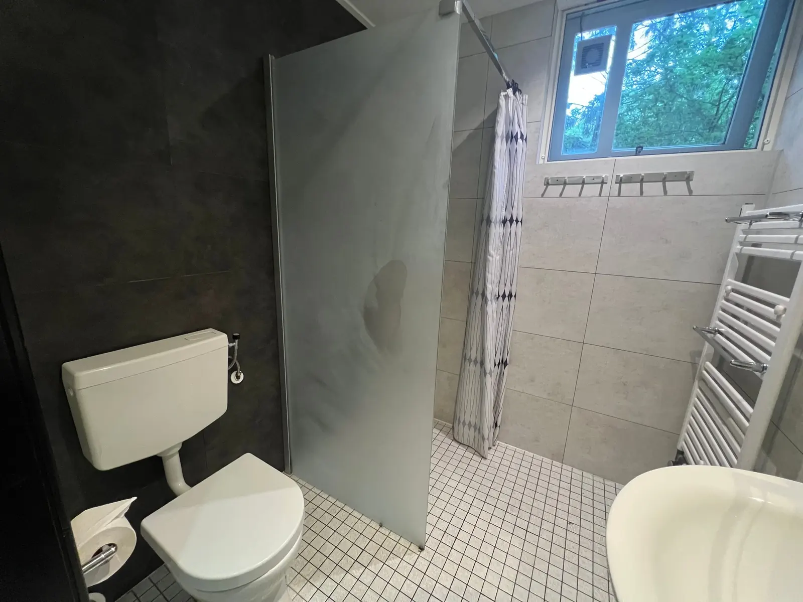 Bathroom with shower, toilet and washbasin