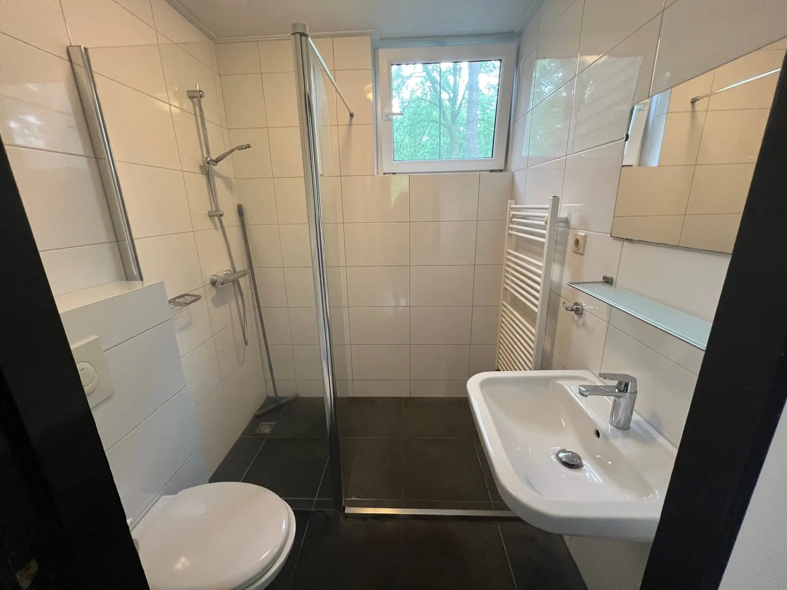 Bathroom with walk-in shower, washbasin and toilet