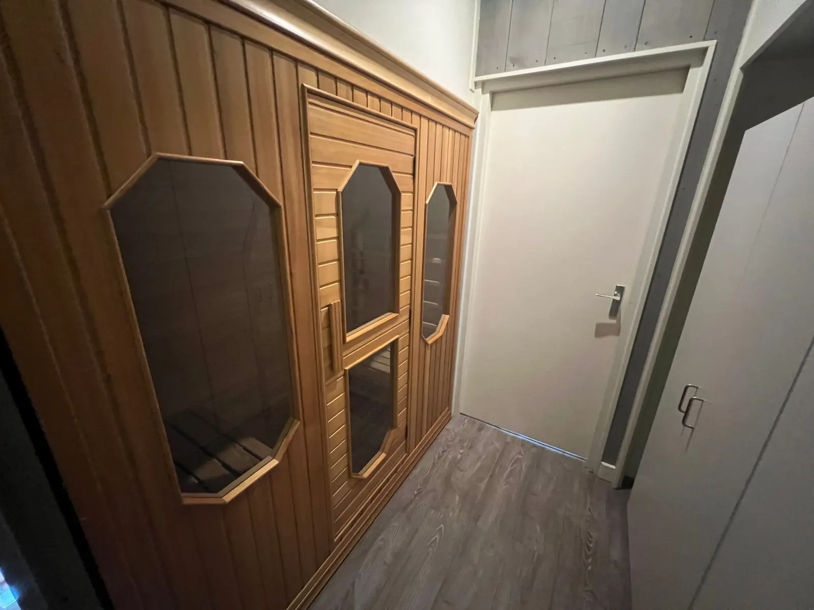 The sauna: a wooden cabin with a glass door