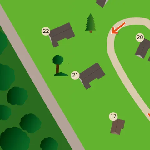 Plattegrond van het park met huisje 21 in het midden