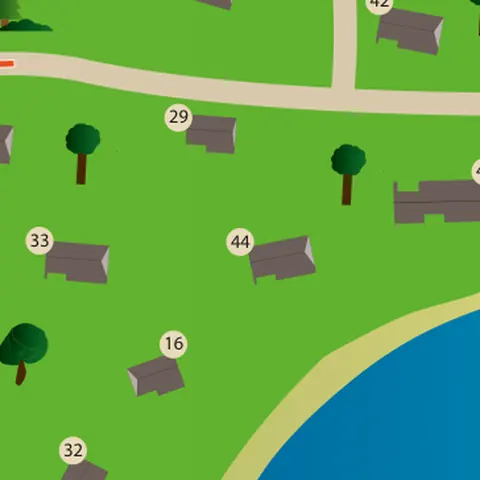 Plattegrond van het park met huisje 44 in het midden