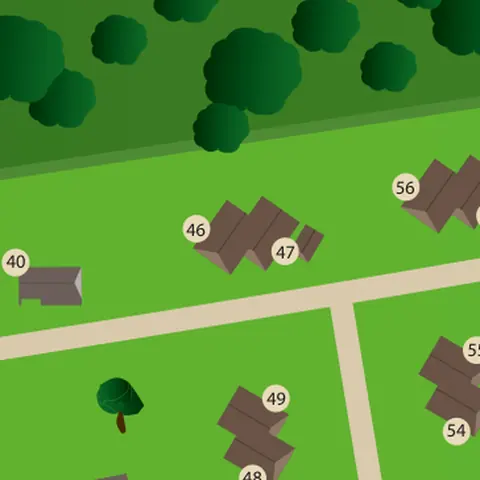Plattegrond van het park met huisje 46/47 in het midden