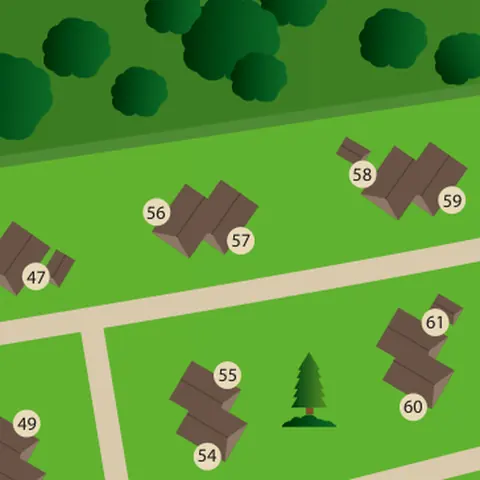 Plattegrond van het park met huisje 57 in het midden